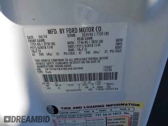 2014 Ford F-150 XL with VIN 1FTFW1EF8EKE30169, listed as a IAAI auction lot 41633608 with 188,642 mi miles. Bid and sale history available at carsss.com. Image 9.