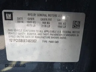 2014 Chevrolet Cruze 1LT with VIN 1G1PC5SB5E7482067, listed as a IAAI auction lot 41697625 with 51,036 mi miles and . Bid and sale history available at DreamBid. Image 9.