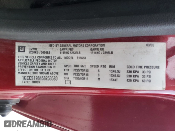 2005 Chevrolet Colorado LS Z85 with VIN 1GCCS198458253580, listed as a Copart auction lot 72170454 with 101,952 mi miles and Clean title. Bid and sale history available at DreamBid. Image 12.