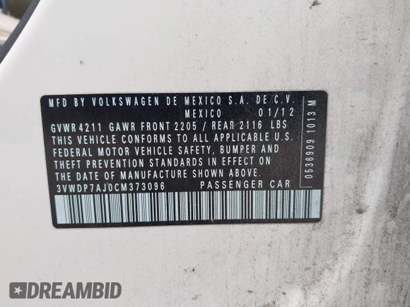 2012 Volkswagen Jetta SE с VIN 3VWDP7AJ0CM373096, выставлен на аукционе IAAI как лот 42426028 с пробегом 176 470 миль миль и . История ставок и продаж доступна на DreamBid. Изображение 9.