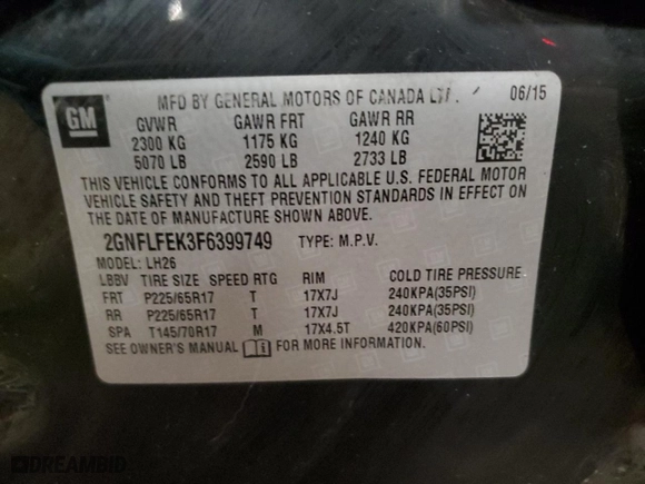 2015 Chevrolet Equinox LT with VIN 2GNFLFEK3F6399749, listed as a Copart auction lot 51082015 with 107,902 mi miles and Clean Title. Bid and sale history available at carsss.com. Image 13.