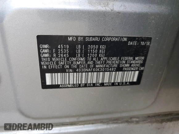 2019 Subaru Legacy Premium with VIN 4S3BNAF60K3015482, listed as a Copart auction lot 57904265 with 152,349 mi miles and Salvage title. Bid and sale history available at DreamBid. Image 12.