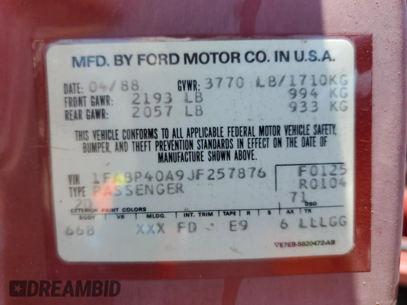 1988 Ford Mustang z VIN 1FABP40A9JF257876, wystawiony jako Copart lot #56777285 z przebiegiem 33 247 mil mil oraz Czysty tytuł • Clean title. Historia ofert i sprzedaży dostępna na DreamBid. Obrazek 12.
