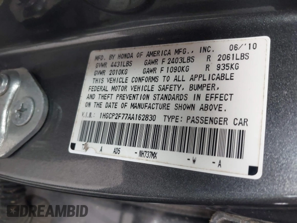 2010 Honda Accord EX with VIN 1HGCP2F77AA162830, listed as a IAAI auction lot 42705636 with 108,864 mi miles and . Bid and sale history available at DreamBid. Image 9.