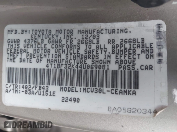 2004 Toyota Camry LE with VIN 4T1BF32K44U069081, listed as a IAAI auction lot 41460767 with 204,992 mi miles and . Bid and sale history available at carsss.com. Image 9.