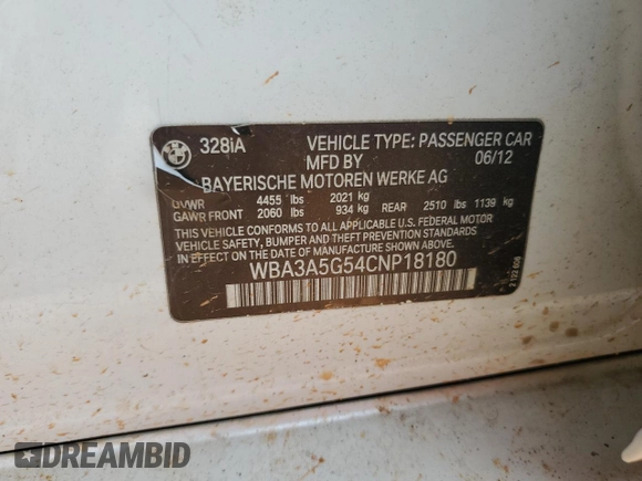 2012 BMW 3 Series 328i z VIN WBA3A5G54CNP18180, wystawiony jako Copart lot #57582075 z przebiegiem 133 036 mil mil oraz Szkoda całkowita • Salvage title. Historia ofert i sprzedaży dostępna na DreamBid. Obrazek 12.
