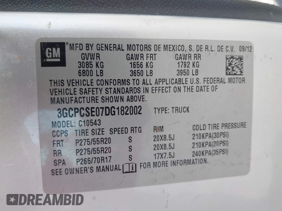 2013 Chevrolet Silverado 1500 LT with VIN 3GCPCSE07DG182002, listed as a IAAI auction lot 41917055 with 170,243 mi miles and . Bid and sale history available at DreamBid. Image 9.