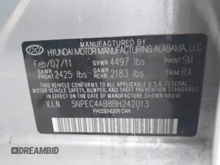 2011 Hyundai Sonata Limited with VIN 5NPEC4AB8BH242013, listed as a IAAI auction lot 41993424 with 120,913 mi miles and . Bid and sale history available at DreamBid. Image 9.