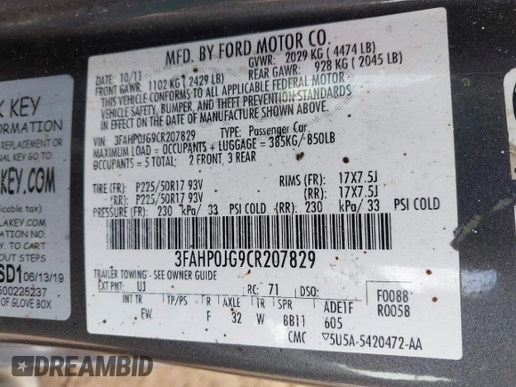 2012 Ford Fusion SEL with VIN 3FAHP0JG9CR207829, listed as a IAAI auction lot 42024719 with 180,501 mi miles. Bid and sale history available at carsss.com. Image 9.