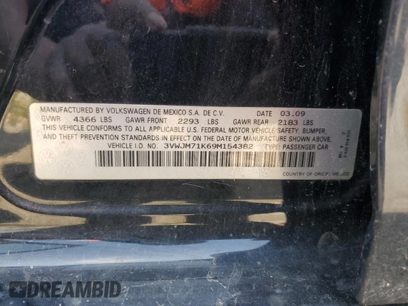 2009 Volkswagen Jetta S with VIN 3VWJM71K69M154382, listed as a Copart auction lot 60513215 with 193,278 mi miles and Salvage title. Bid and sale history available at DreamBid. Image 12.