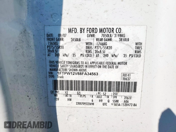 2008 Ford F-150 XLT with VIN 1FTPW12V88FA34563, listed as a Copart auction lot 59134185 with Not provided miles and Clean title. Bid and sale history available at DreamBid. Image 12.
