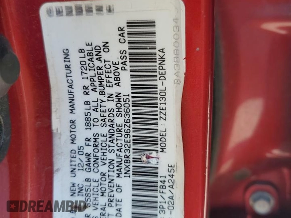 2006 Toyota Corolla CE with VIN 1NXBR32E96Z636051, listed as a Copart auction lot 65013655 with Not provided miles and Clean title. Bid and sale history available at DreamBid. Image 12.