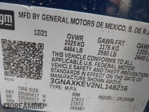 2022 Chevrolet Equinox LT z VIN 3GNAXKEV2NL148216, wystawiony jako IAAI lot #42185177 z przebiegiem 62 667 mil mil oraz . Historia ofert i sprzedaży dostępna na DreamBid. Obrazek 9.