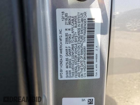 2019 Honda Accord Sedan Sport 1.5T with VIN 1HGCV1F38KA030061, listed as a Copart auction lot 55700005 with Not Provided miles and Salvage Title. Bid and sale history available at carsss.com. Image 12.