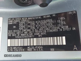 2006 Toyota Sienna CE z VIN 5TDZA23C46S558011, wystawiony jako IAAI lot #42390948 z przebiegiem 264 080 mil mil oraz . Historia ofert i sprzedaży dostępna na DreamBid. Obrazek 9.