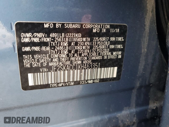 2019 Subaru Forester with VIN JF2SKACC1KH463351, listed as a Copart auction lot 43220675 with 58,716 mi miles and Clean title. Bid and sale history available at DreamBid. Image 13.