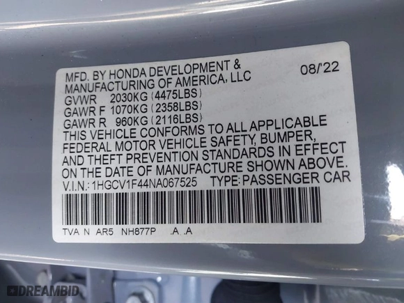 2022 Honda Accord Sedan Sport SE with VIN 1HGCV1F44NA067525, listed as a IAAI auction lot 41305789 with 35357 miles. Bid and sale history available at carsss.com. Image 9.