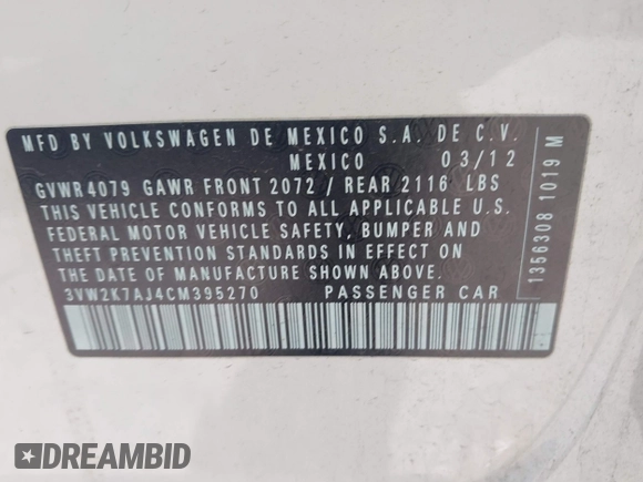 2012 Volkswagen Jetta S with VIN 3VW2K7AJ4CM395270, listed as a IAAI auction lot 42442811 with 164,952 mi miles and . Bid and sale history available at DreamBid. Image 9.