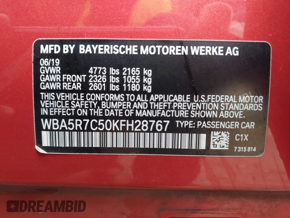 2019 BMW 3 Series 330i xDrive with VIN WBA5R7C50KFH28767, listed as a IAAI auction lot 42206528 with 52,529 mi miles and . Bid and sale history available at DreamBid. Image 9.