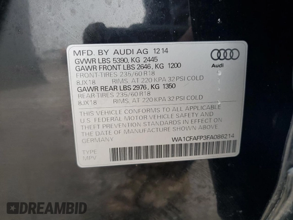 2015 Audi Q5 Premium with VIN WA1CFAFP3FA086214, listed as a Copart auction lot 89331345 with 167,058 mi miles and Salvage Title. Bid and sale history available at carsss.com. Image 13.
