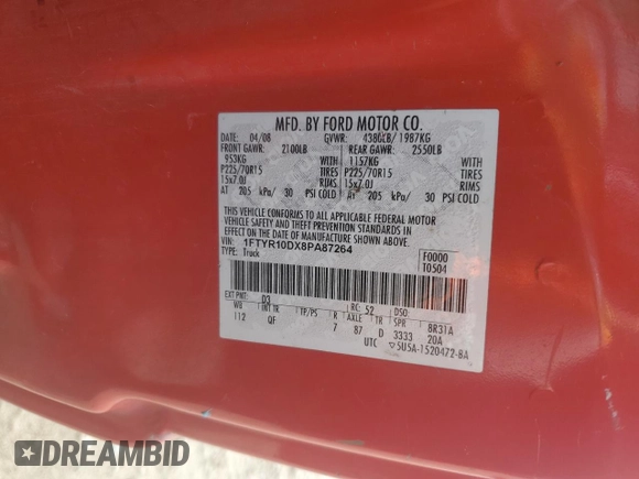 2008 Ford Ranger XL with VIN 1FTYR10DX8PA87264, listed as a Copart auction lot 50946565 with 210,546 mi miles and Salvage Title. Bid and sale history available at carsss.com. Image 12.