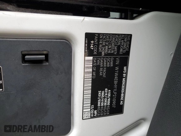 2020 Mercedes-Benz Sprinter with VIN W1W4EBHY1LP210907, listed as a Copart auction lot 83762734 with Not Provided miles and Salvage Title. Bid and sale history available at DreamBid. Image 13.