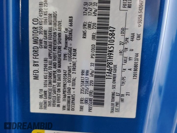 2019 Ford Mustang EcoBoost with VIN 1FA6P8TH9K5105847, listed as a Copart auction lot 62660215 with 119,207 mi miles and Salvage title. Bid and sale history available at DreamBid. Image 12.