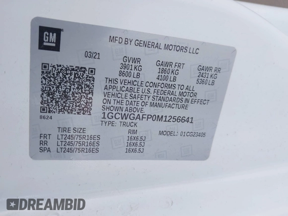 2021 Chevrolet Express Cargo z VIN 1GCWGAFP0M1256641, wystawiony jako IAAI lot #41555820 z przebiegiem Nie podano mil oraz . Historia ofert i sprzedaży dostępna na DreamBid. Obrazek 9.