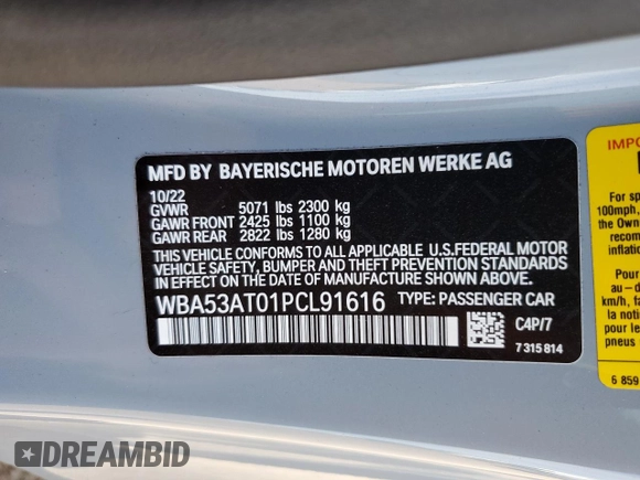 2023 BMW 4 Series M440i with VIN WBA53AT01PCL91616, listed as a Copart auction lot 47606453 with 1,143 mi miles and . Bid and sale history available at DreamBid. Image 13.