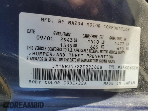 2002 Mazda MX-5 Miata Cloth z VIN JM1NB353220222868, wystawiony jako Copart lot #59944345 z przebiegiem 159 595 mil mil oraz Szkoda całkowita • Salvage title. Historia ofert i sprzedaży dostępna na DreamBid. Obrazek 12.
