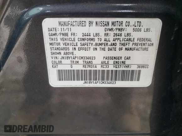 2012 Infiniti M37 with VIN JN1BY1AP1CM334623, listed as a Copart auction lot 88463105 with 132,241 mi miles and Salvage Title. Bid and sale history available at carsss.com. Image 12.