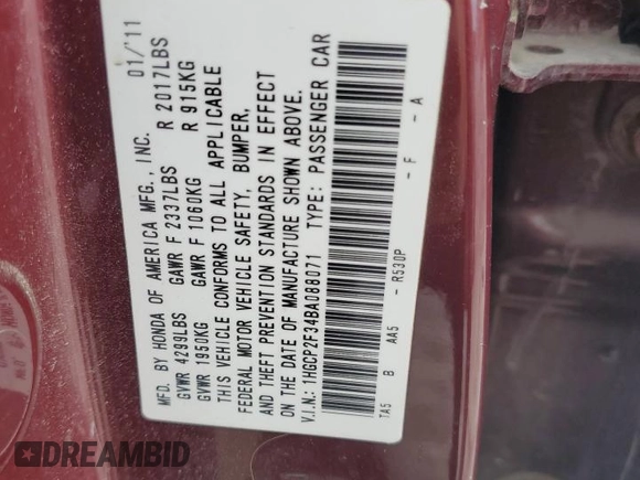 2011 Honda Accord LX z VIN 1HGCP2F34BA088071, wystawiony jako Copart lot #56193615 z przebiegiem 160 850 mil mil oraz Szkoda całkowita • Salvage title. Historia ofert i sprzedaży dostępna na DreamBid. Obrazek 13.