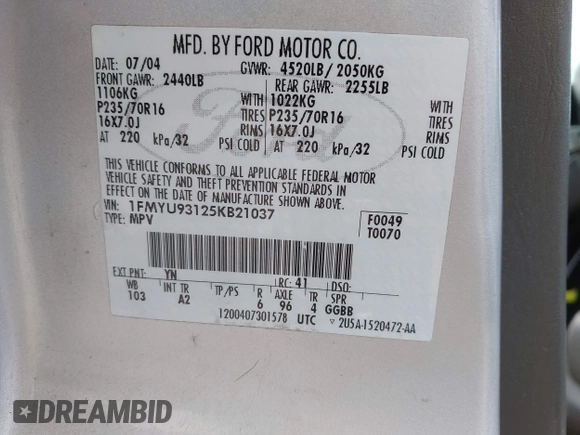 2005 Ford Escape XLT с VIN 1FMYU93125KB21037, выставлен на аукционе IAAI как лот 42256389 с пробегом 173 080 миль миль и . История ставок и продаж доступна на DreamBid. Изображение 9.
