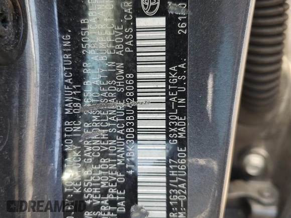 2011 Toyota Avalon with VIN 4T1BK3DB3BU428068, listed as a Copart auction lot 61956225 with 248,119 mi miles and Clean title. Bid and sale history available at DreamBid. Image 12.
