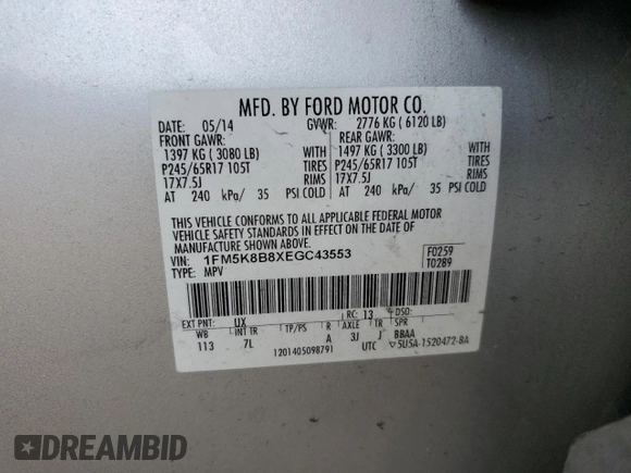 2014 Ford Explorer with VIN 1FM5K8B8XEGC43553, listed as a Copart auction lot 61282545 with 116,585 mi miles and Salvage title. Bid and sale history available at DreamBid. Image 13.