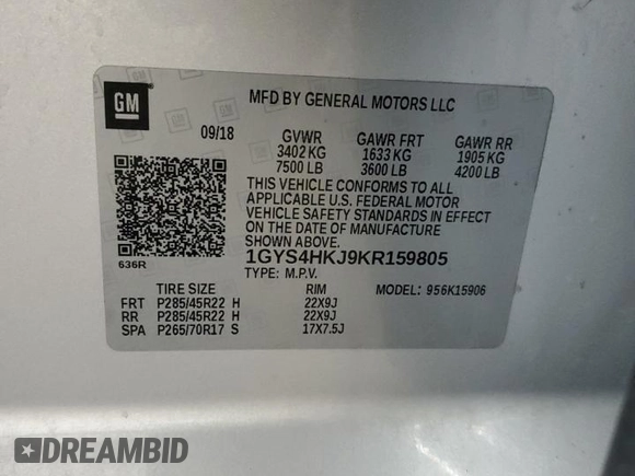2019 Cadillac Escalade ESV Luxury with VIN 1GYS4HKJ9KR159805, listed as a Copart auction lot 54040405 with 89,302 mi miles and Salvage title. Bid and sale history available at DreamBid. Image 14.