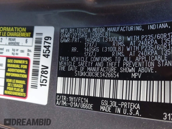 2014 Toyota Sienna LE AAS with VIN 5TDKK3DC9ES426654, listed as a IAAI auction lot 41592601 with Not Provided miles and . Bid and sale history available at DreamBid. Image 9.