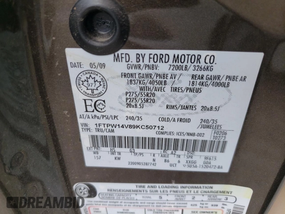 2009 Ford F-150 XL with VIN 1FTPW14V89KC50712, listed as a Copart auction lot 65264565 with Not provided miles and Clean title. Bid and sale history available at DreamBid. Image 12.