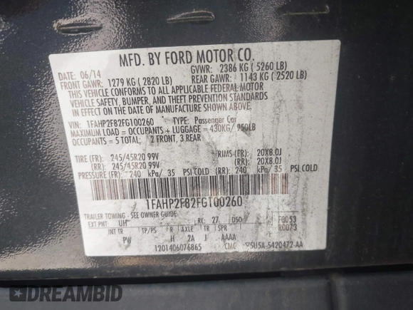 2015 Ford Taurus Limited with VIN 1FAHP2F82FG100260, listed as a IAAI auction lot 42677412 with 138,082 mi miles and . Bid and sale history available at DreamBid. Image 9.