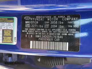 2024 Hyundai Elantra SEL with VIN KMHLS4DG5RU761646, listed as a Copart auction lot 50227625 with 8,609 mi miles and Salvage title. Bid and sale history available at DreamBid. Image 14.