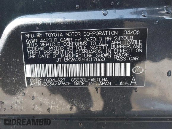 2006 Lexus IS 250 with VIN JTHBK262X65017860, listed as a IAAI auction lot 42498287 with 211,178 mi miles and . Bid and sale history available at DreamBid. Image 9.