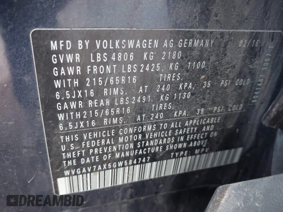 2016 Volkswagen Tiguan S with VIN WVGAV7AX5GW584747, listed as a IAAI auction lot 41853488 with 92,579 mi miles and . Bid and sale history available at DreamBid. Image 9.