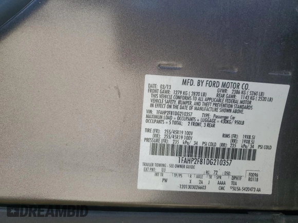 2013 Ford Taurus Limited z VIN 1FAHP2F81DG210357, wystawiony jako Copart lot #56235805 z przebiegiem 81 656 mil mil oraz Nie do naprawy • Non repairable. Historia ofert i sprzedaży dostępna na DreamBid. Obrazek 12.
