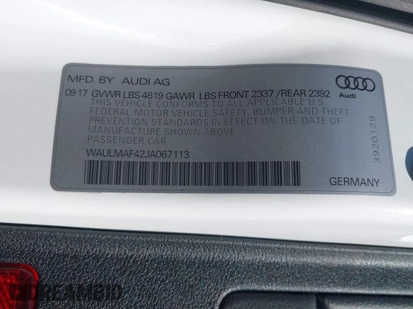 2018 Audi A4 Premium Plus with VIN WAULMAF42JA067113, listed as a IAAI auction lot 41411398 with 49,603 mi miles. Bid and sale history available at carsss.com. Image 9.