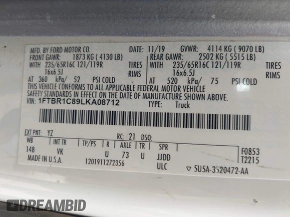 2020 Ford Transit Cargo with VIN 1FTBR1C89LKA08712, listed as a IAAI auction lot 41936401 with 148,343 mi miles and . Bid and sale history available at DreamBid. Image 9.