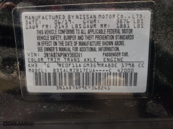 2019 Nissan Sentra S with VIN 3N1AB7AP9KY368241, listed as a Copart auction lot 50581085 with 99,286 mi miles and Clean Title. Bid and sale history available at carsss.com. Image 13.