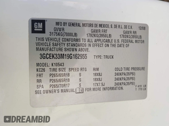 2009 Chevrolet Silverado 1500 LTZ with VIN 3GCEK33M19G162955, listed as a IAAI auction lot 41851348 with 203,553 mi miles and . Bid and sale history available at DreamBid. Image 9.