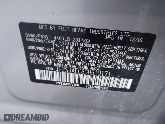 2016 Subaru Forester 2.5i Premium with VIN JF2SJAFC8GH510171, listed as a IAAI auction lot 42110532 with 91,362 mi miles. Bid and sale history available at carsss.com. Image 9.