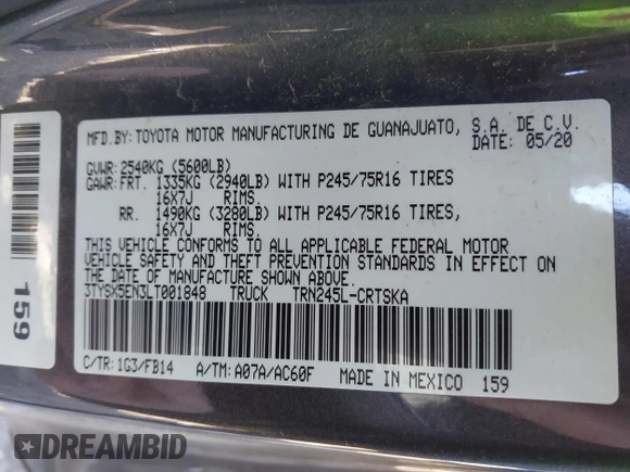 2020 Toyota Tacoma SR with VIN 3TYSX5EN3LT001848, listed as a IAAI auction lot 41650954 with 69,907 mi miles and . Bid and sale history available at DreamBid. Image 9.