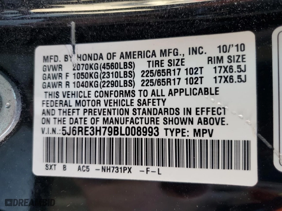 2011 Honda CR-V EX-L with VIN 5J6RE3H79BL008993, listed as a Copart auction lot 46818495 with 286,094 mi miles and Salvage Title. Bid and sale history available at carsss.com. Image 14.